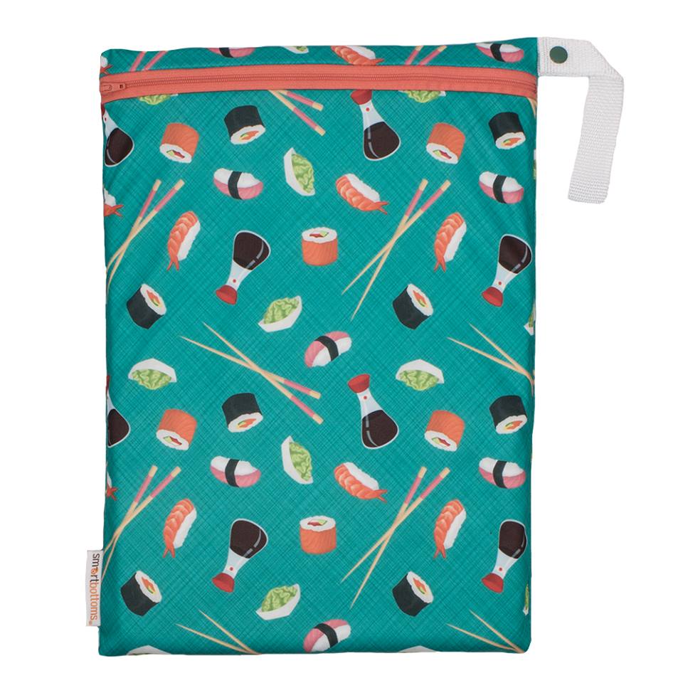 Smart Bottoms - On the Go wet bag - You're My Soy-mate - waterproof cloth diaper bag - teal green with sushi print waterproof bag