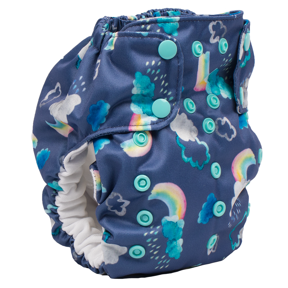 Smart Bottoms - Dream Diaper 2.0 cloth diaper - Over the Rainbow print cloth diaper - Organic cotton cloth diaper - blue cloth diaper with clouds and rainbows cloth diaper