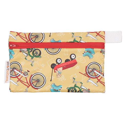 Smart Bottoms - Mini Wet Bag - How We Roll Print - waterproof bag - Vintage Yellow bikes roller skates wagon bag