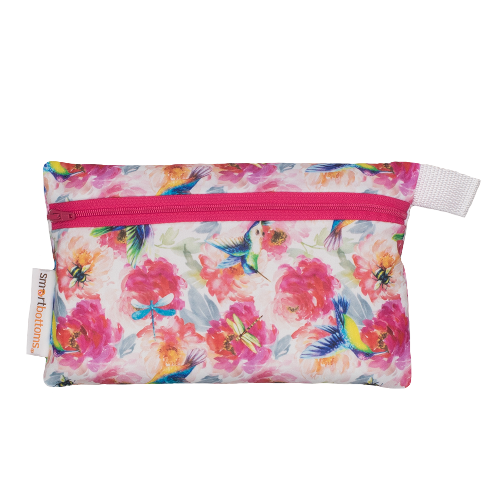 Smart Bottoms - Mini Wet Bag - Shimmer hummingbird and pink floral waterproof cloth diaper bag
