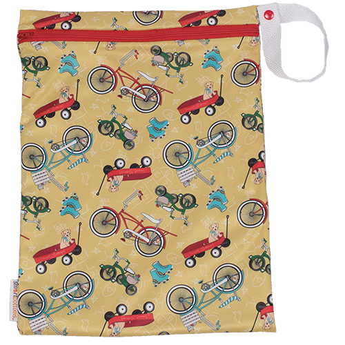 Smart Bottoms - On the Go wet bag - How We Roll - waterproof cloth diaper bag - Vintage yellow bikes wagons and roller skates print bag