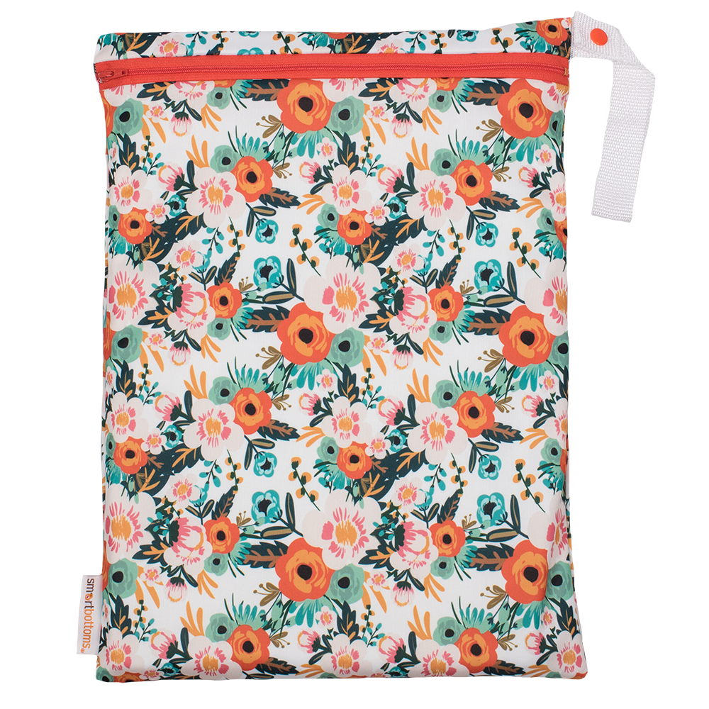 Smart Bottoms - On the Go Wet Bag - Ginny Print - waterproof cloth diaper bag - Orange poppy floral print bag