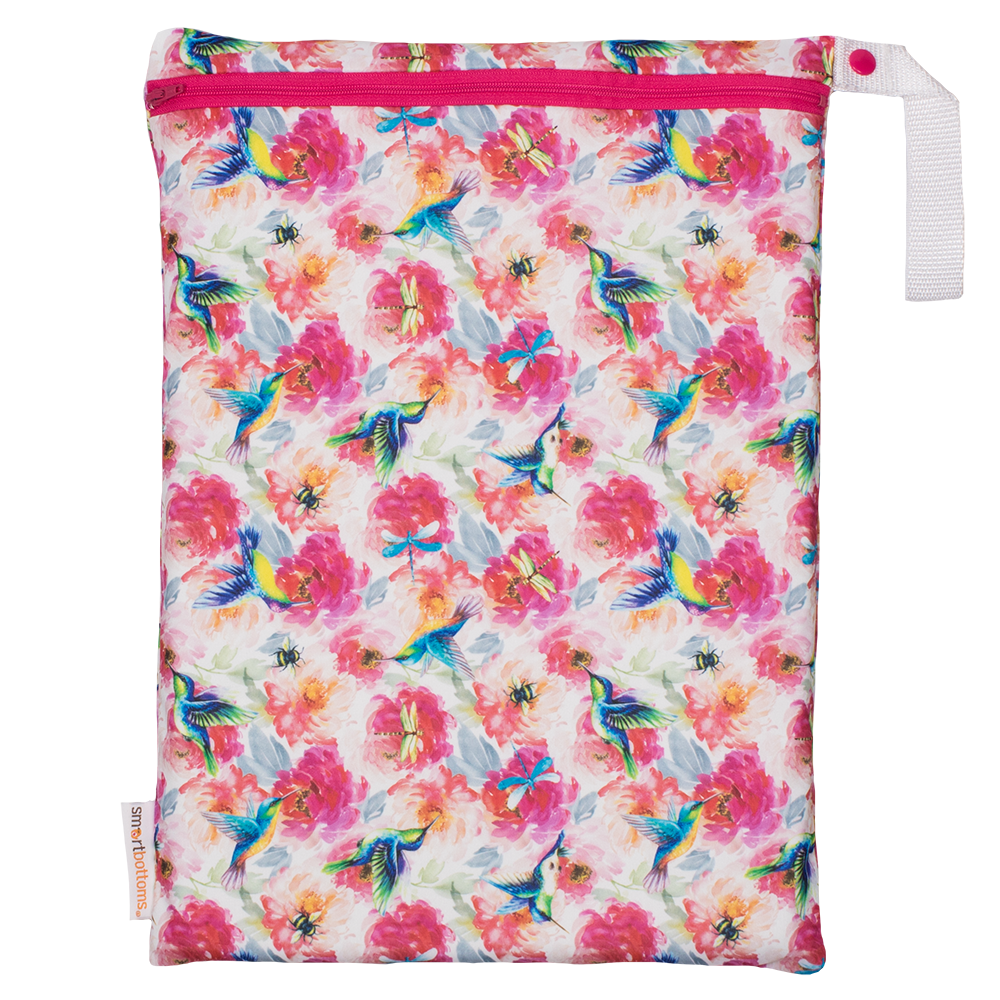 Smart Bottoms - On the Go Wet Bag - Shimmer hummingbird and pink floral waterproof cloth diaper bag