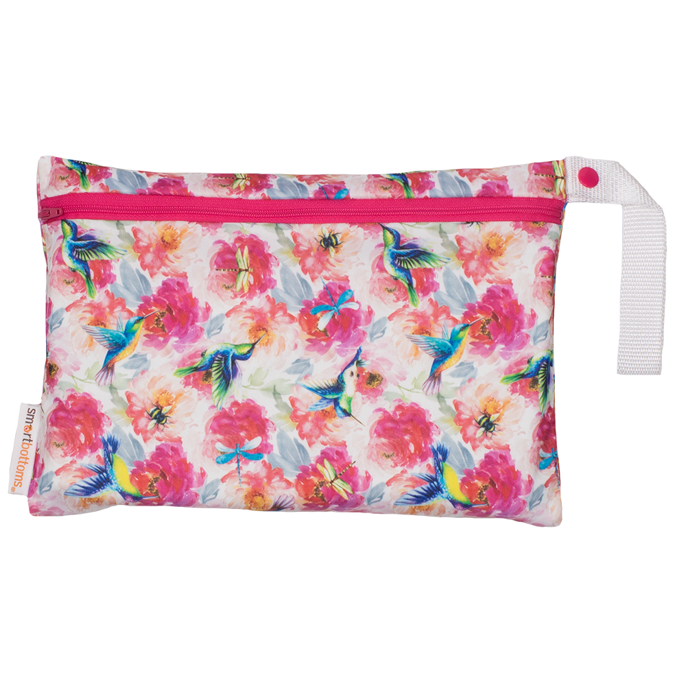 Smart Bottoms - Small Wet Bag - Shimmer hummingbird and pink floral waterproof cloth diaper bag