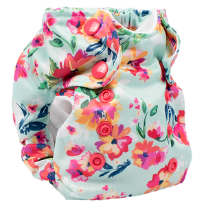 Smart Bottoms - Born Smart 2.0 newborn cloth diaper - Aqua Floral - blue and pink floral diaper print - organic cotton cloth diaper
