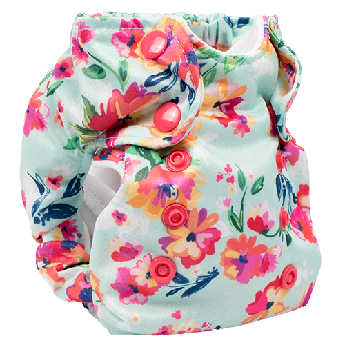 Smart Bottoms - Born Smart 2.0 newborn cloth diaper - Aqua Floral - blue and pink floral diaper print - organic cotton cloth diaper