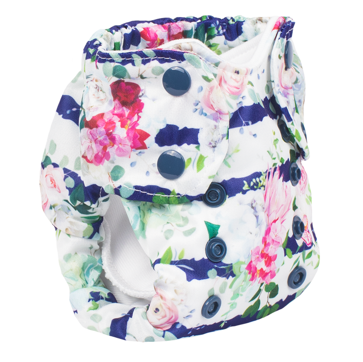 Smart Bottoms - Newborn Cloth diaper - Belle Blossom - Floral with blue stripe newborn cloth diaper