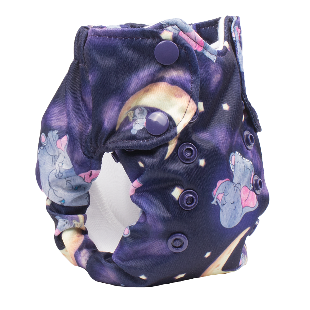 Smart Bottoms - Born Smart 2.0 newborn cloth diaper - Baby of Mine - Purple with cute elephants and mouse cloth diaper print - organic cotton cloth diaper
