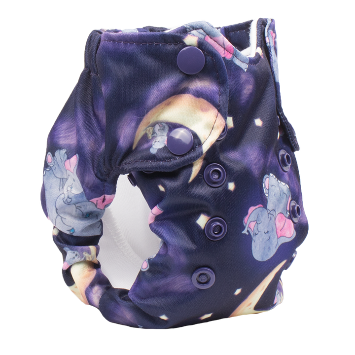 Smart Bottoms - Born Smart 2.0 newborn cloth diaper - Baby of Mine - Purple with cute elephants and mouse cloth diaper print - organic cotton cloth diaper