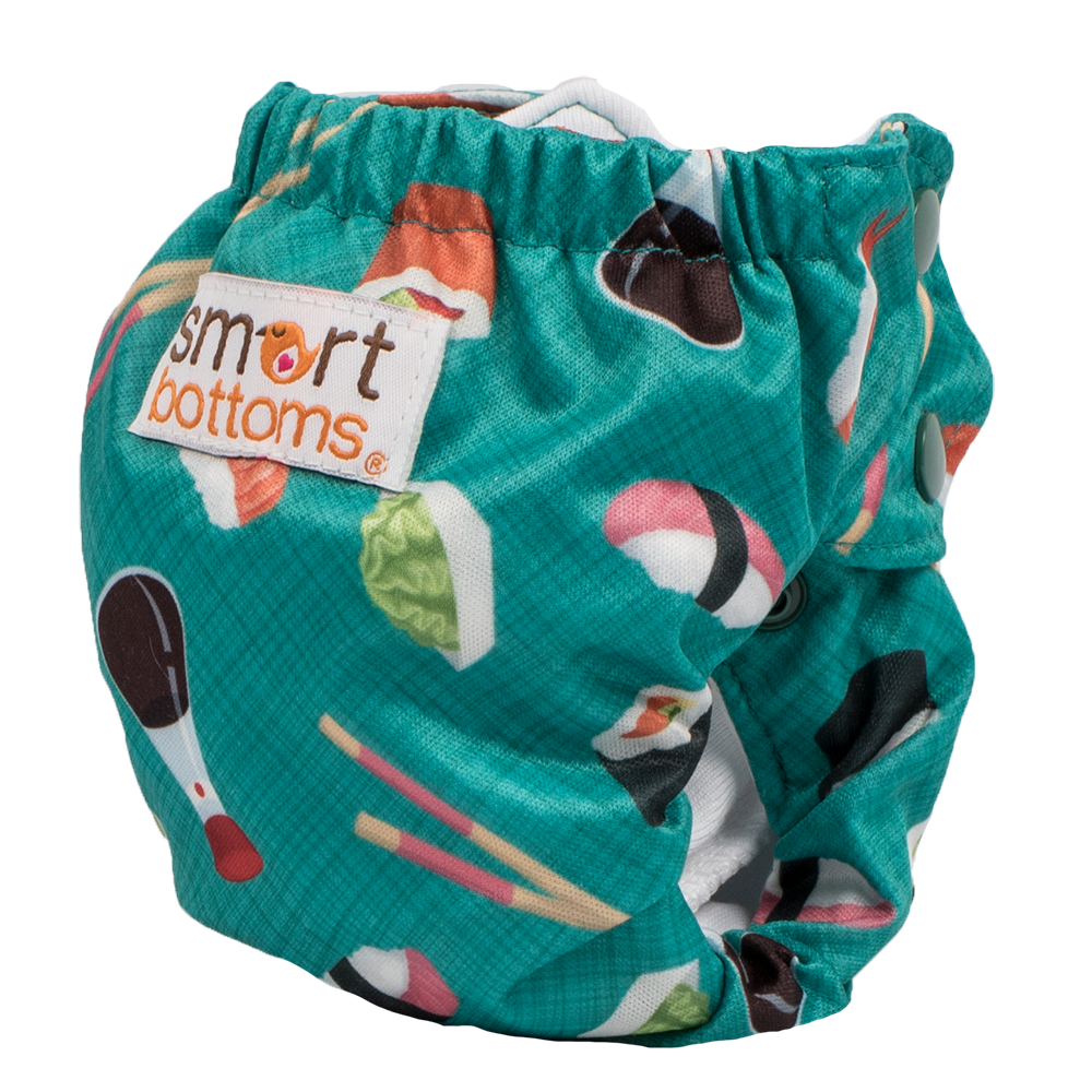 Smart Bottoms - Born Smart 2.0 newborn cloth diaper - You're My Soymate print cloth diaper -  Organic cotton cloth diaper - Teal green with sushi print cloth diaper