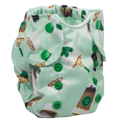 Smart Bottoms - Born Smart 2.0 newborn cloth diaper - Daily Grind - Green coffee print newborn cloth diaper
