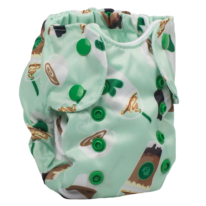 Smart Bottoms - Born Smart 2.0 newborn cloth diaper - Daily Grind - Green coffee print newborn cloth diaper