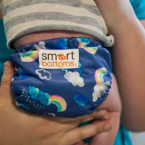 Smart Bottoms - Born Smart 2.0 newborn cloth diaper - Over the Rainbow print - blue with clouds and rainbows print newborn diaper print - organic cotton newborn cloth diaper