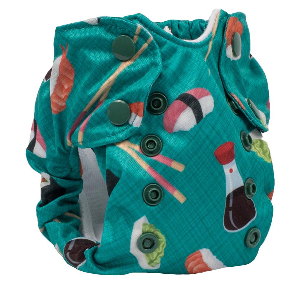 Smart Bottoms - Born Smart 2.0 newborn cloth diaper - You're My Soymate print cloth diaper -  Organic cotton cloth diaper - Teal green with sushi print cloth diaper