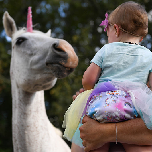 Smart Bottoms - Dream Diaper 2.0 cloth diaper - Chasing Rainbows print - organic cotton cloth diaper  - cute rainbows and unicorns cloth diaper