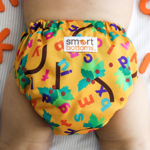 Smart Bottoms - Dream diaper cloth diaper - Chicka Chicka Boom Boom - Yellow cloth diaper with alphabet letters