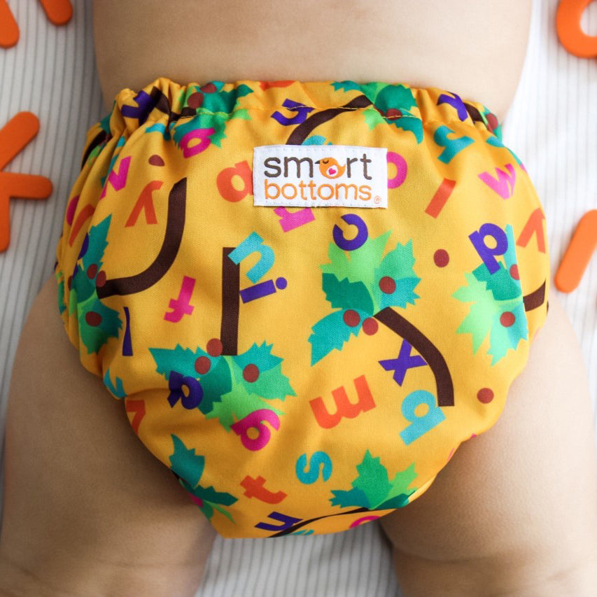 Smart Bottoms - Dream diaper cloth diaper - Chicka Chicka Boom Boom - Yellow cloth diaper with alphabet letters