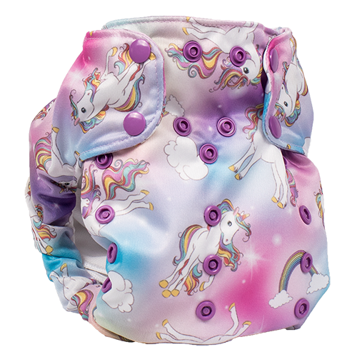 Smart Bottoms - Dream Diaper 2.0 cloth diaper - Chasing Rainbows print - organic cotton cloth diaper  - cute rainbows and unicorns cloth diaper