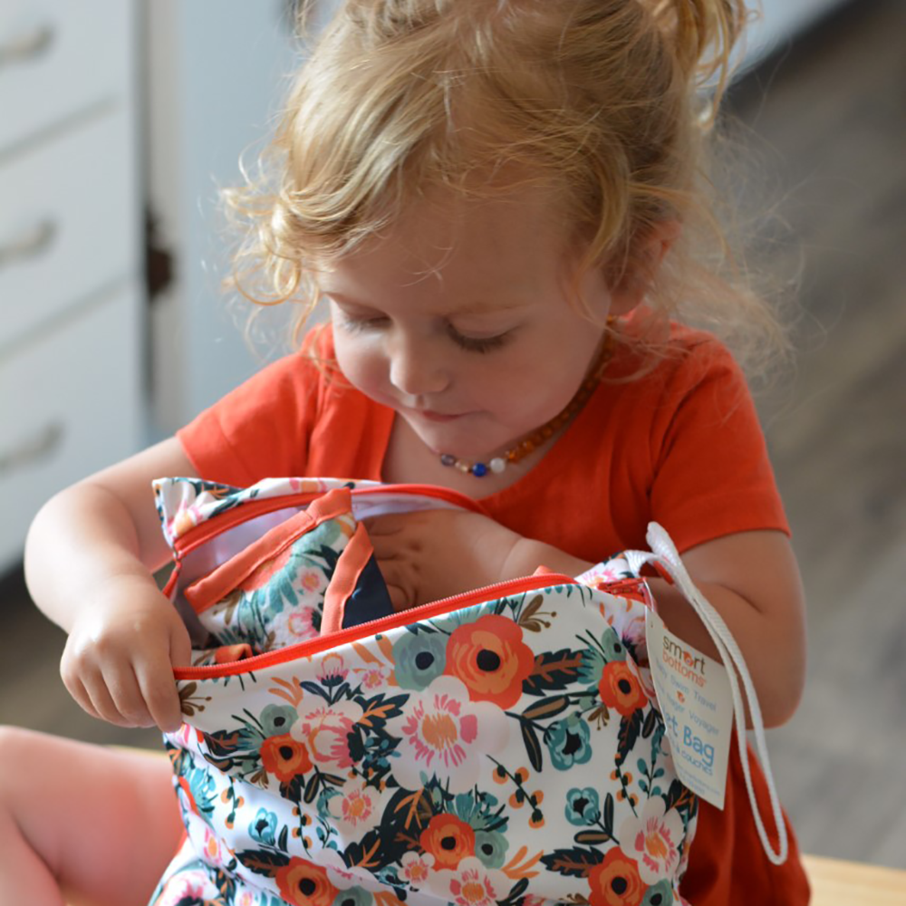 Smart Bottoms - On the Go Wet Bag - Ginny Print - waterproof cloth diaper bag - Orange poppy floral print bag 