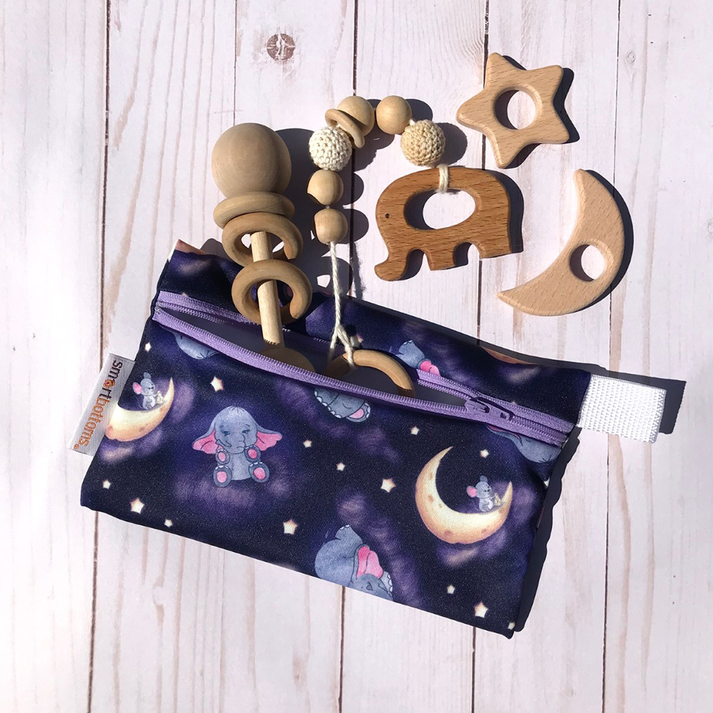 Smart Bottoms - Mini Wet Bag - Baby of Mine Print - Reusable waterproof bag -  Cute elephants and mouse and moon print bag 