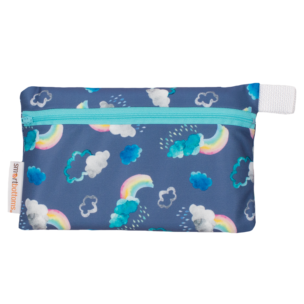 Smart Bottoms - Mini Wet Bag - Over the Rainbow Print - waterproof bag - blue bag with clouds and rainbows bag 