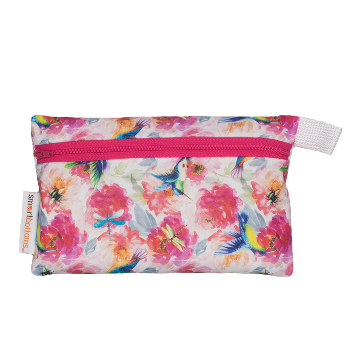 Smart Bottoms - Mini Wet Bag - Shimmer hummingbird and pink floral waterproof cloth diaper bag