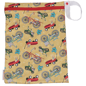 Smart Bottoms - On the Go wet bag - How We Roll - waterproof cloth diaper bag - Vintage yellow bikes wagons and roller skates print bag