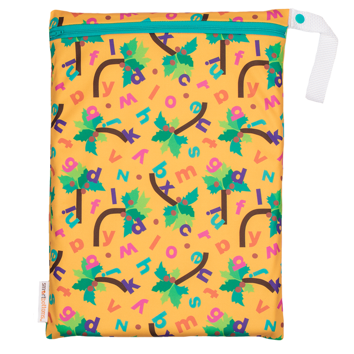 Smart Bottoms - On the Go Wet bag - Chicka Chicka Boom Boom - yellow waterproof bag with alphabet letters