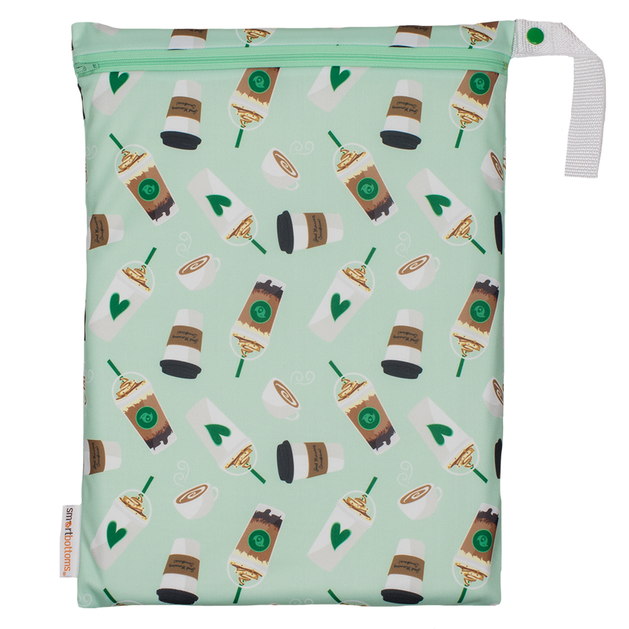 Smart Bottoms - On the Go Wet Bag - Daily Grind - Green coffee print waterproof cloth diaper bag