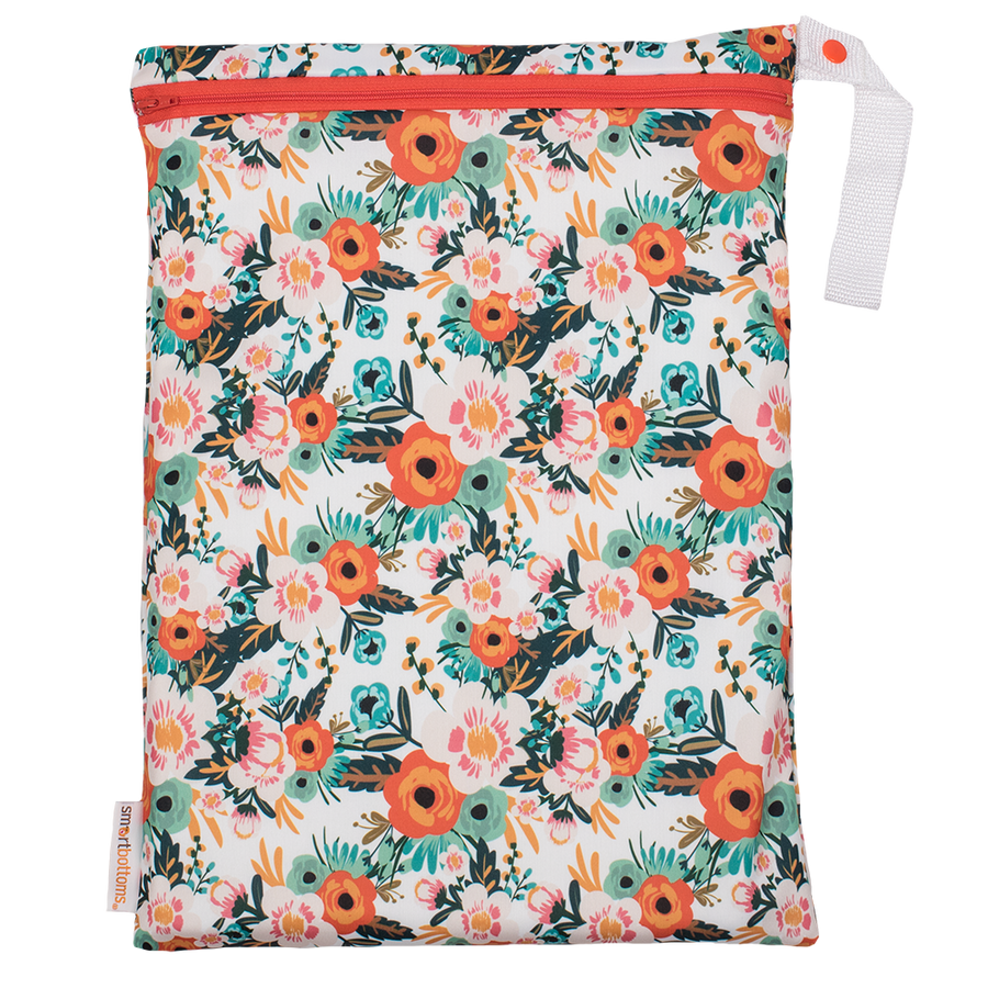 Smart Bottoms - On the Go Wet Bag - Ginny Print - waterproof cloth diaper bag - Orange poppy floral print bag 
