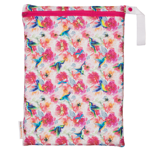 Smart Bottoms - On the Go Wet Bag - Shimmer hummingbird and pink floral waterproof cloth diaper bag