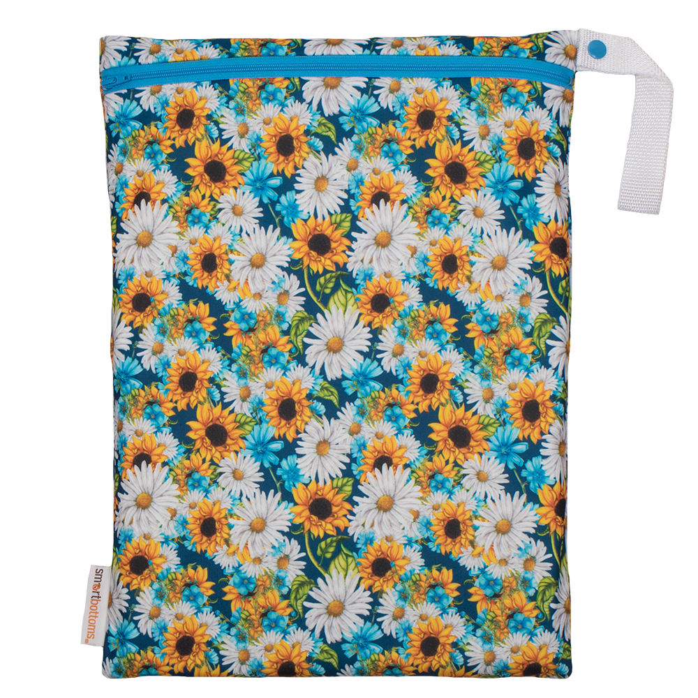 Smart Bottoms - On the Go Wet Bag - Hello Sunshine Print - waterproof cloth diaper bag - sunflower print bag 