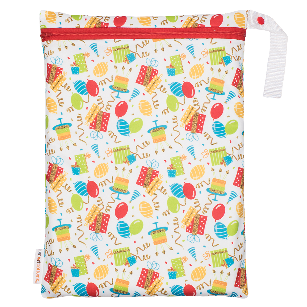 Smart Bottoms - On the Go Wet Bag - Birthday Party - Balloons and streamers party print waterproof bag - cloth diaper storage bag