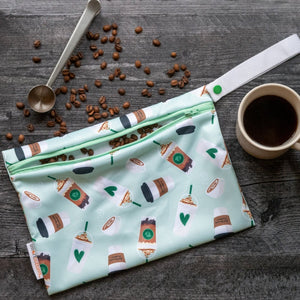 Smart Bottoms - Small Wet Bag - Daily Grind - Green coffee print waterproof bag