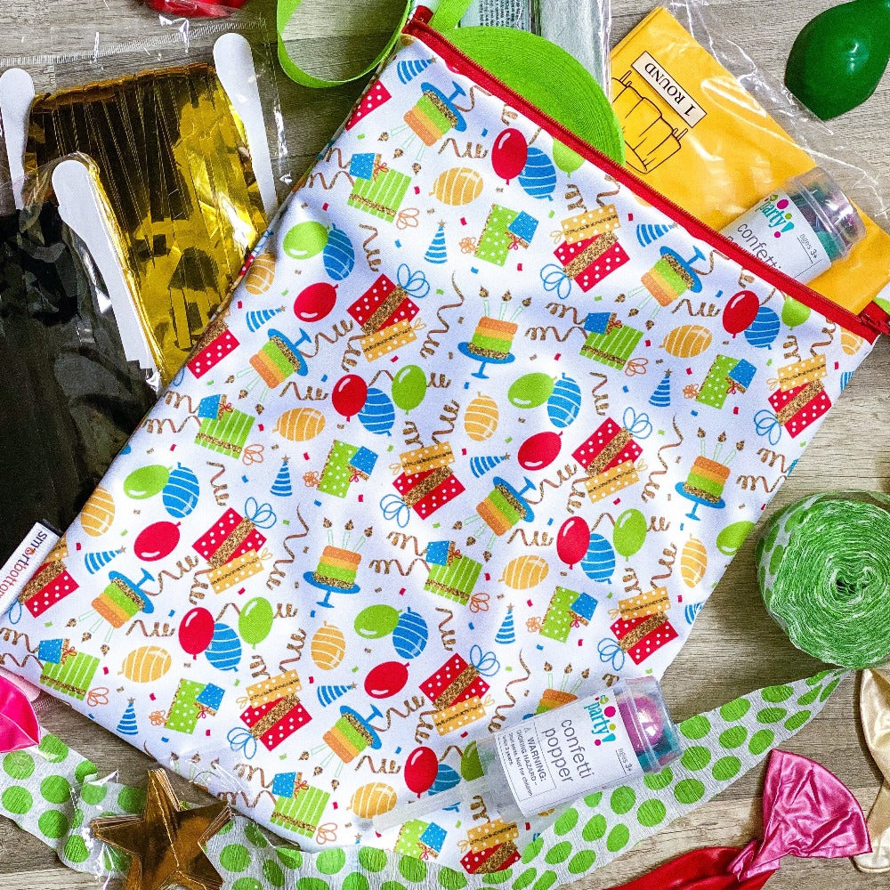 Smart Bottoms - On the Go Wet Bag - Birthday Party - Balloons and streamers party print waterproof bag - cloth diaper storage bag