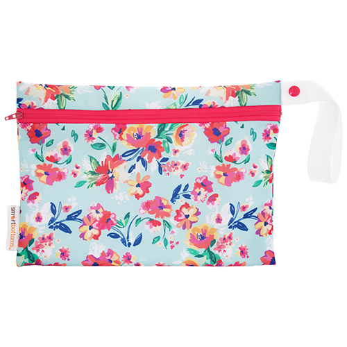 Smart Bottoms - Small Wet Bag - Aqua Floral print - cute floral print waterproof cloth diaper bag
