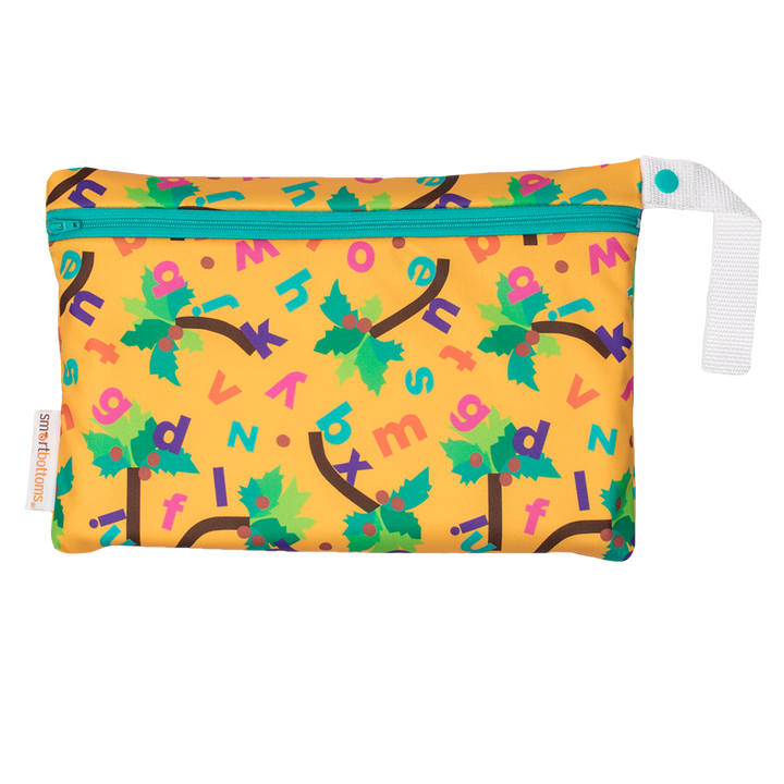 Smart Bottoms - Small Wet Bag - Chicka Chicka Boom Boom - Waterproof diaper bag - yellow bag with alphabet letters