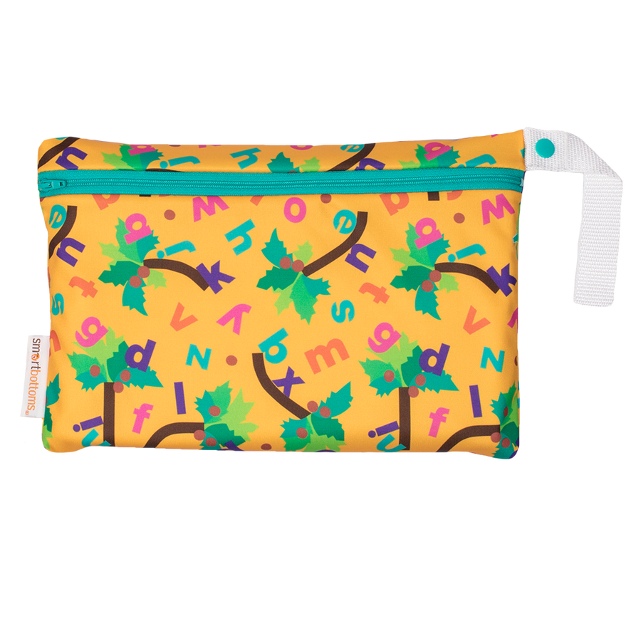 Smart Bottoms - Small Wet Bag - Chicka Chicka Boom Boom - Waterproof diaper bag - yellow bag with alphabet letters