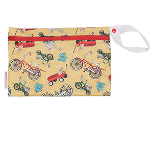 Smart Bottoms - Small Wet Bag - How We Roll print - cute vintage yellow dogs and cats with bikes and roller skates and wagon print waterproof cloth diaper bag