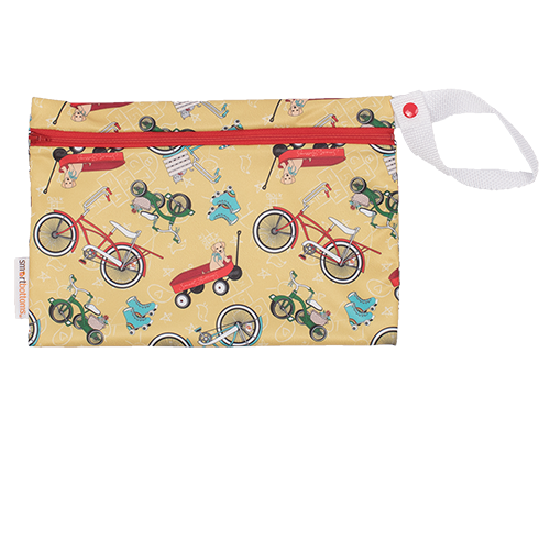 Smart Bottoms - Small Wet Bag - How We Roll print - cute vintage yellow dogs and cats with bikes and roller skates and wagon print waterproof cloth diaper bag