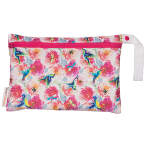 Smart Bottoms - Small Wet Bag - Shimmer hummingbird and pink floral waterproof cloth diaper bag