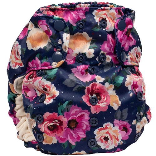 Smart Bottoms - Smart One 3.1 cloth diaper - all natural cloth diaper - Petit Bouquet print - cute blue and purple floral cloth diaper print 