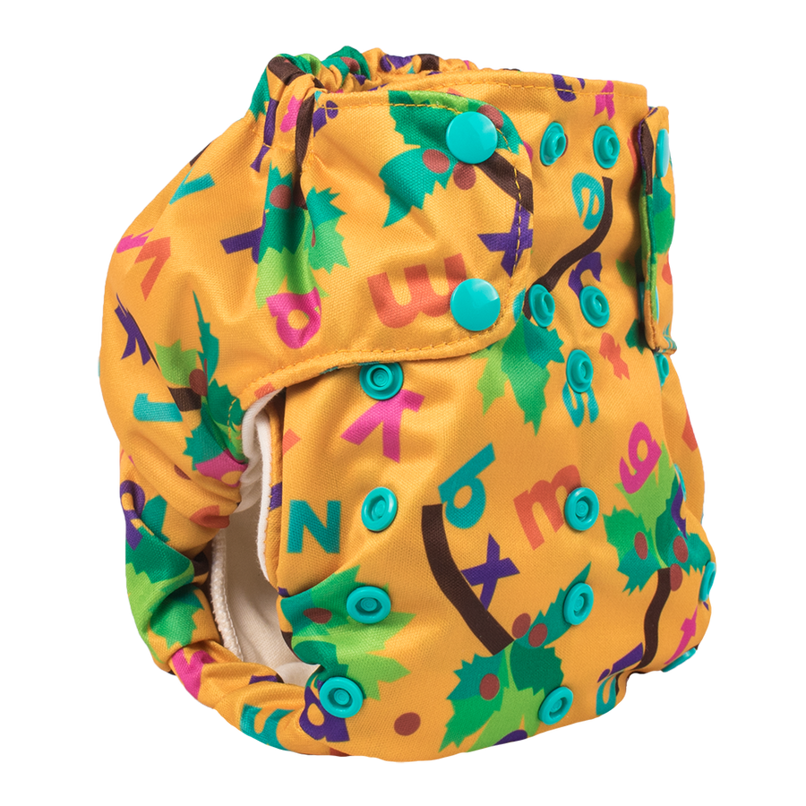 Smart Bottoms - Smart One 3.1 cloth diaper - Chicka Chicka Boom Boom - yellow cloth diaper with alphabet letters
