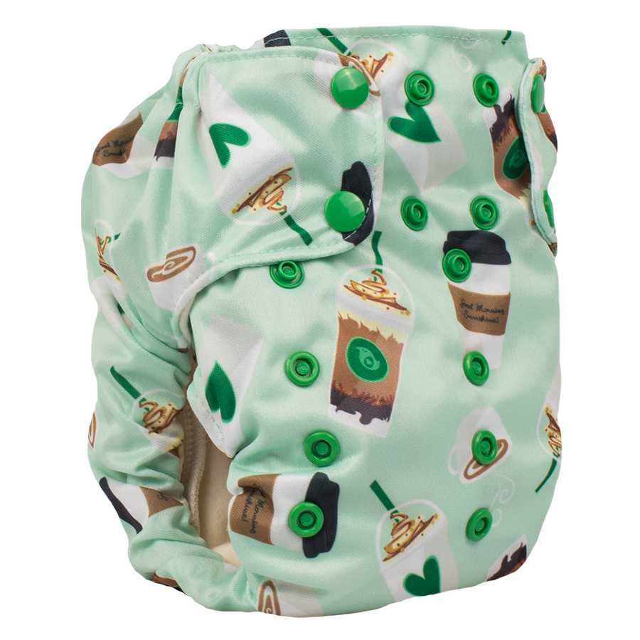 Smart Bottoms - Smart One 3.1 cloth diaper - Daily Grind - Green coffee print cloth diaper