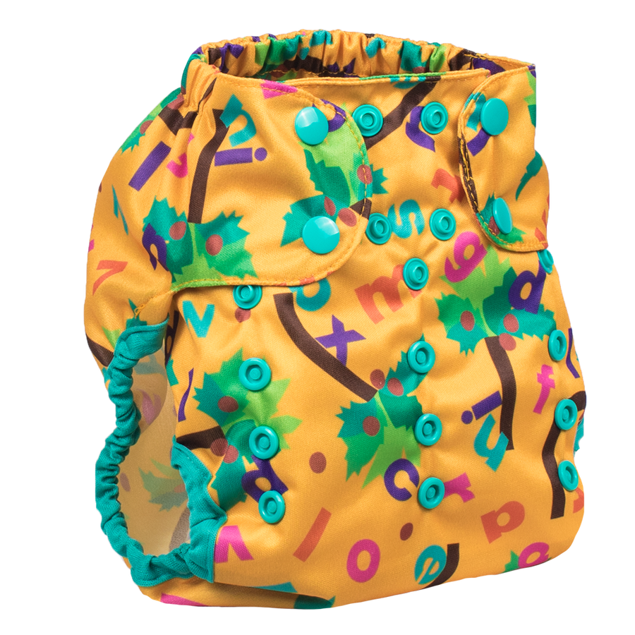 Smart Bottoms - Too Smart cloth diaper cover - all natural cloth diaper - Forest Chicka Chicka Boom Boom print - Yellow with alphabet letters cloth diaper cover print 