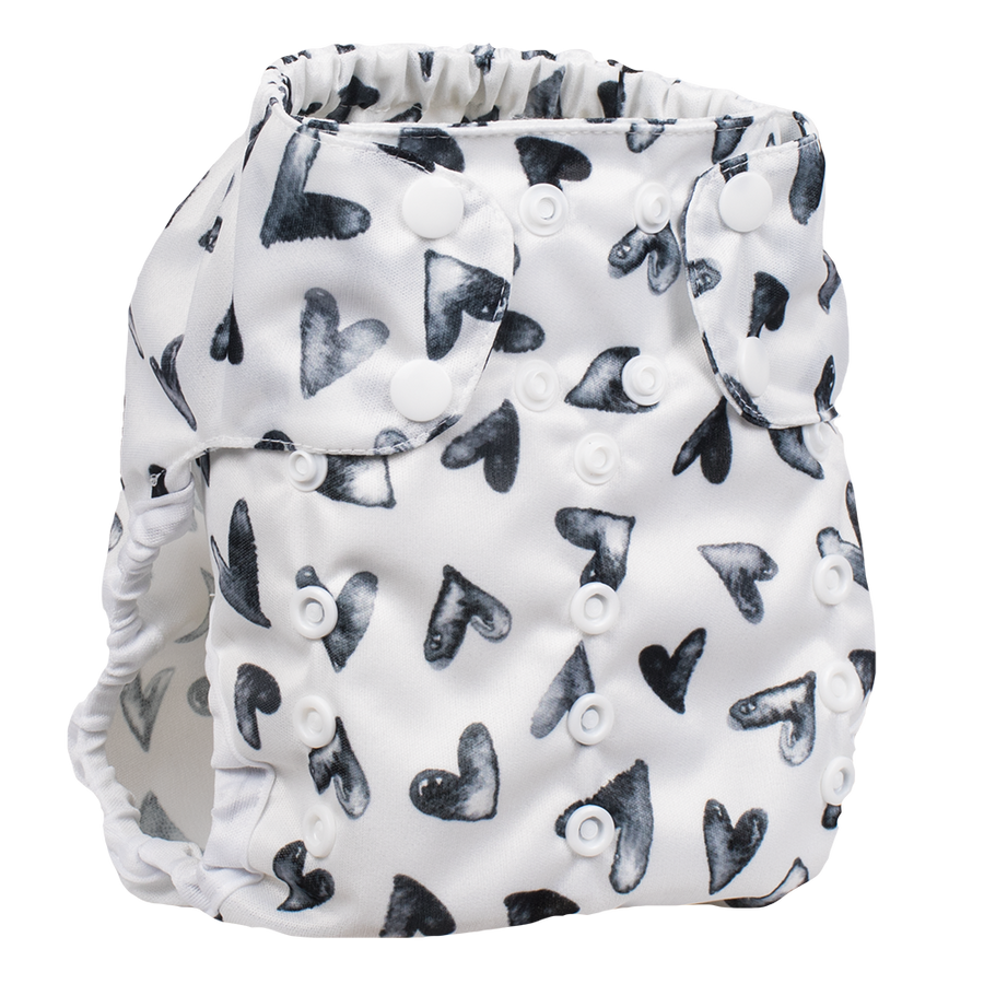 Smart Bottoms - Too Smart cloth diaper cover - all natural cloth diaper - Nurture print - black and white hearts cloth diaper cover print 