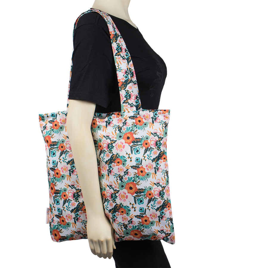 Smart Bottoms - Tote Bag - Multipurpose reusable bag - reusable grocery bag - Ginny Print - Orange poppy floral print reusable tote bag
